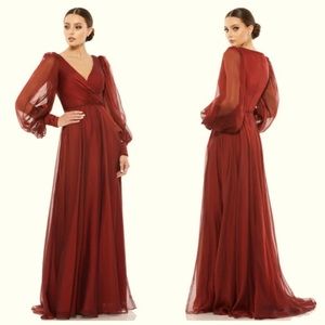Mac Duggal sheer blouson sleeves surplice gown